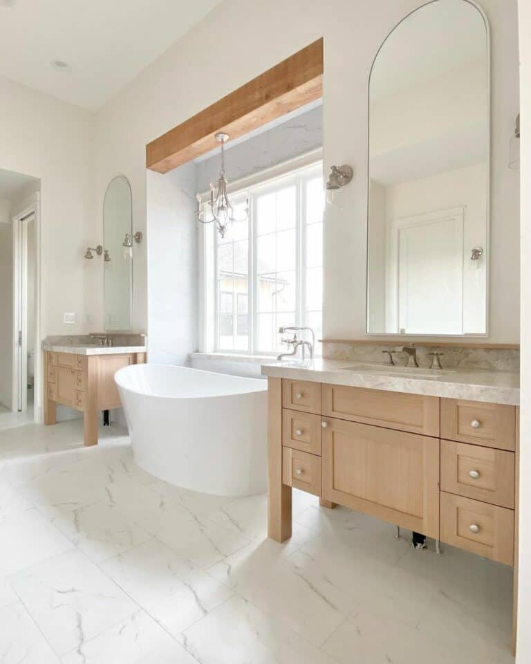 Light Wood Vanities With Marble Bathroom Countertops