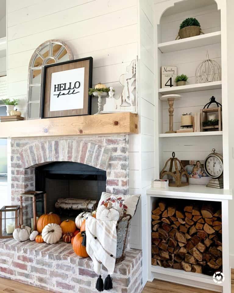 Limewashed Brick Fireplace with Fall Accents