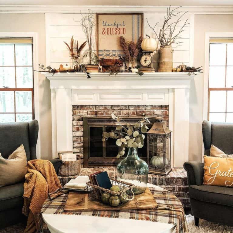 Limewashed Brick Fireplace with Farmhouse Autumn Décor