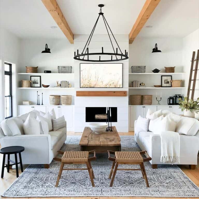 Living Room Features Circular Black Chandelier