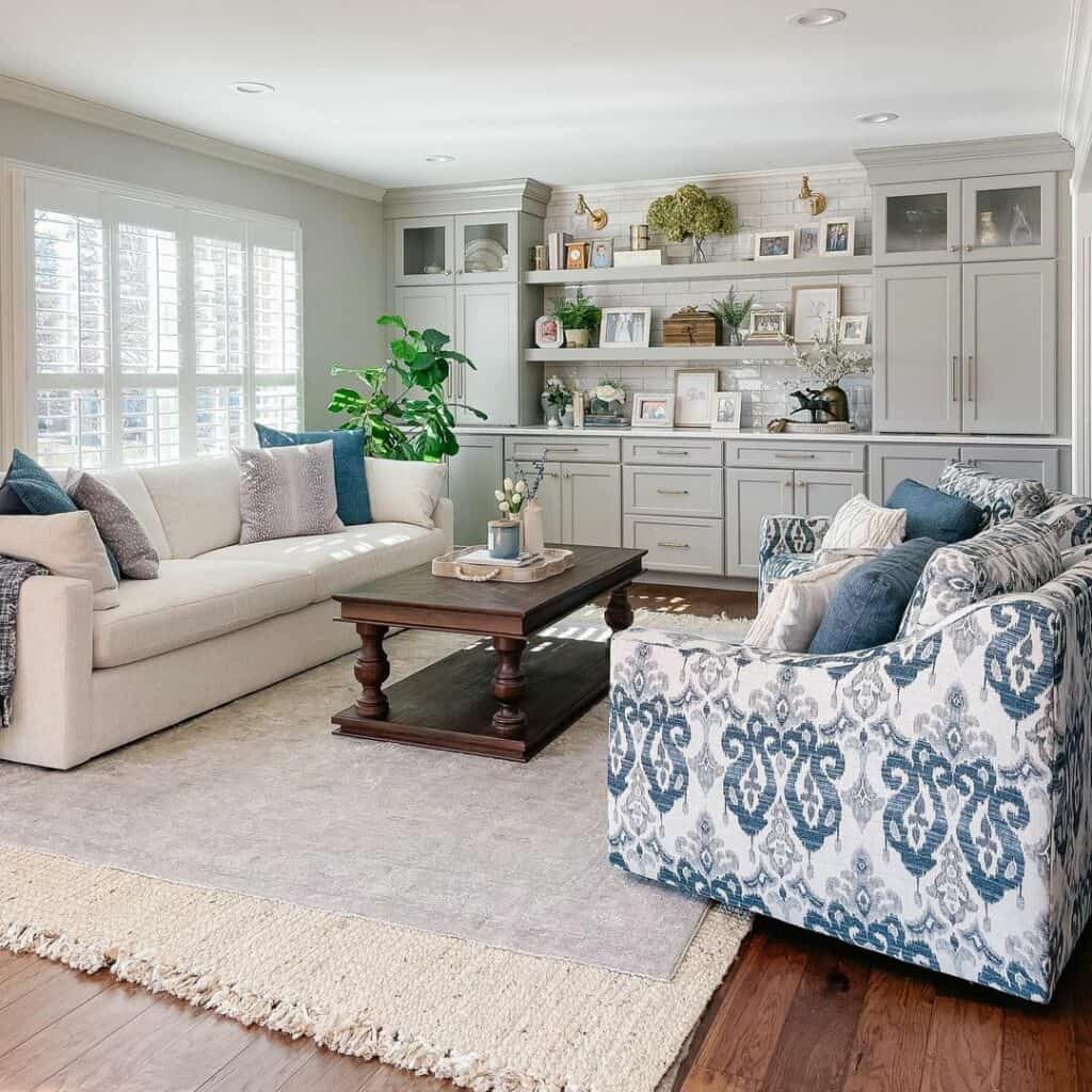 Living Room Wall with Gray Shaker Cabinets