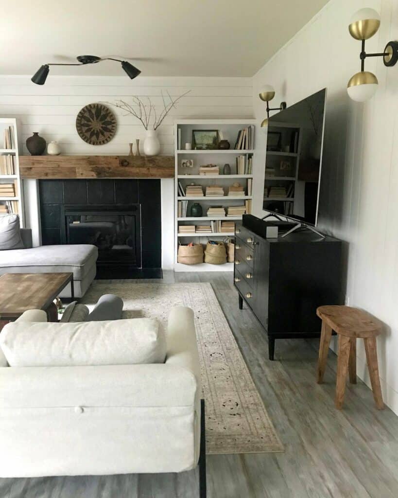 Living Room with Black and Gold Light Fixtures