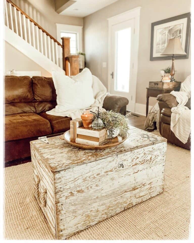 Living Room with a Rustic White Trunk