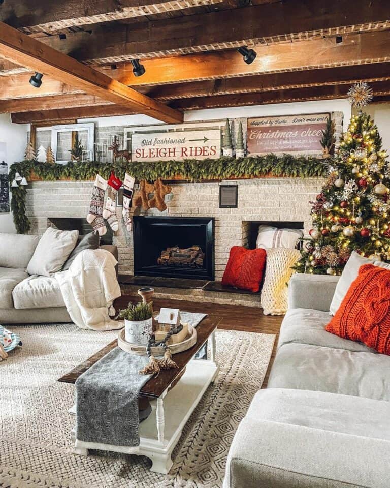 Living room with Brick Ceilings and Wood Beams
