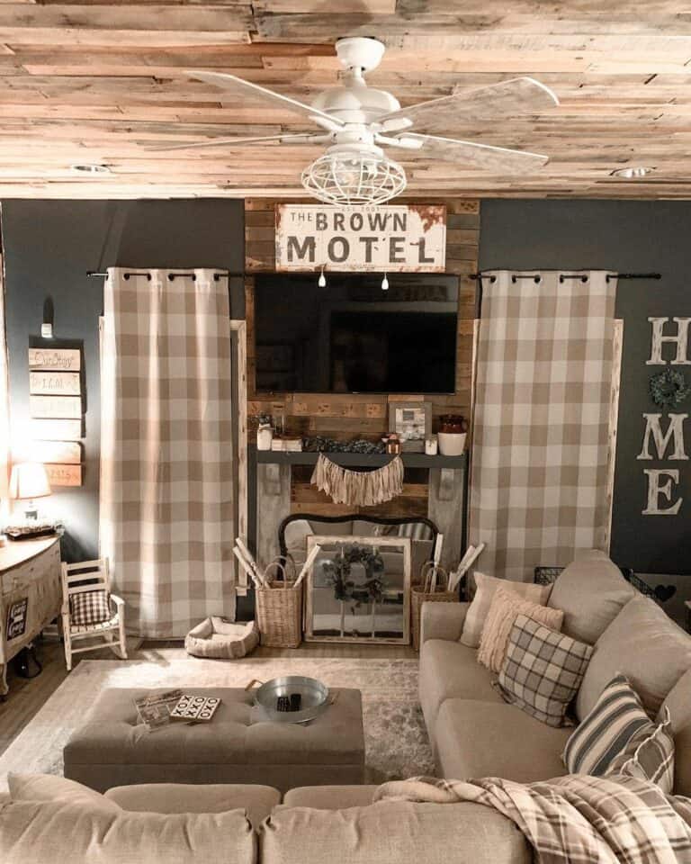 Lodge Living Room Inspiration with Plaid Curtains