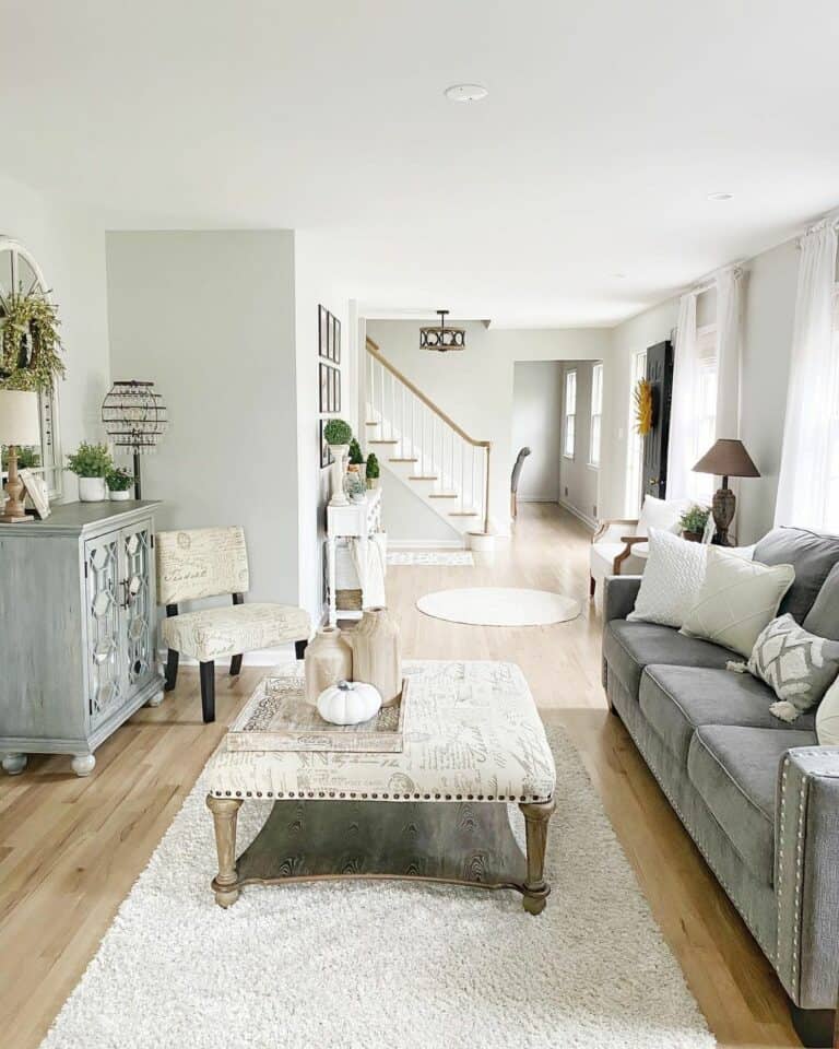 Long Living Room With Gray Furniture