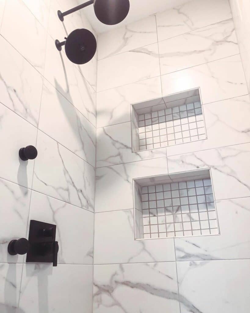 Marble Tile Shower with Double Niches