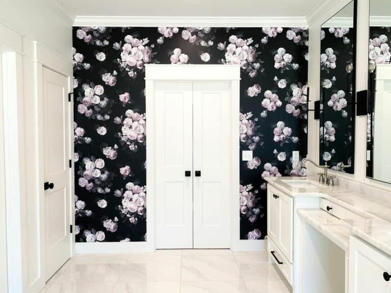 Master Bathroom With Black Floral Wallpaper