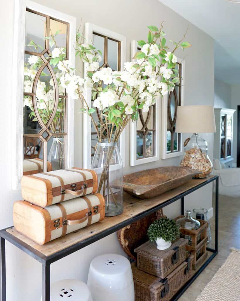 Matching Suitcases on a Hallway Console Table