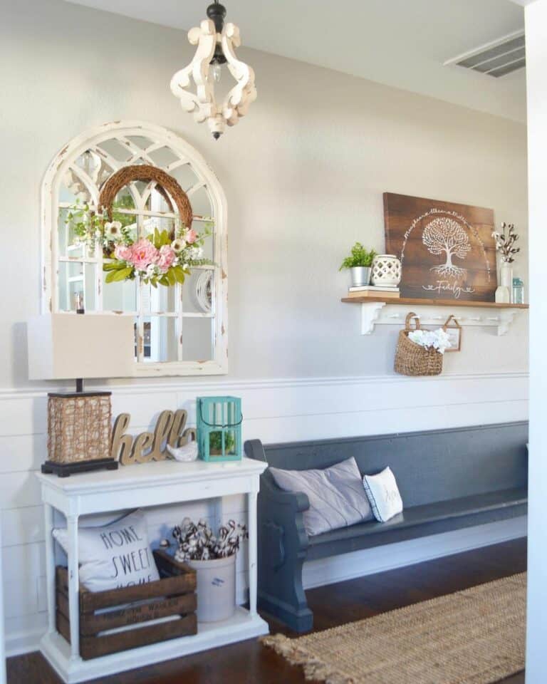 Matte Black Pew on Shiplap Entryway Wall