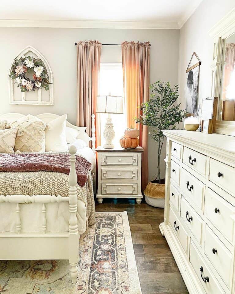 Mauve Curtains in Modern Farmhouse Bedroom