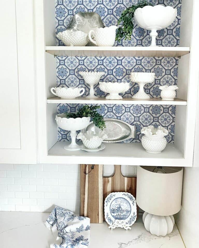 Milk Glass Collection and Blue Wallpaper