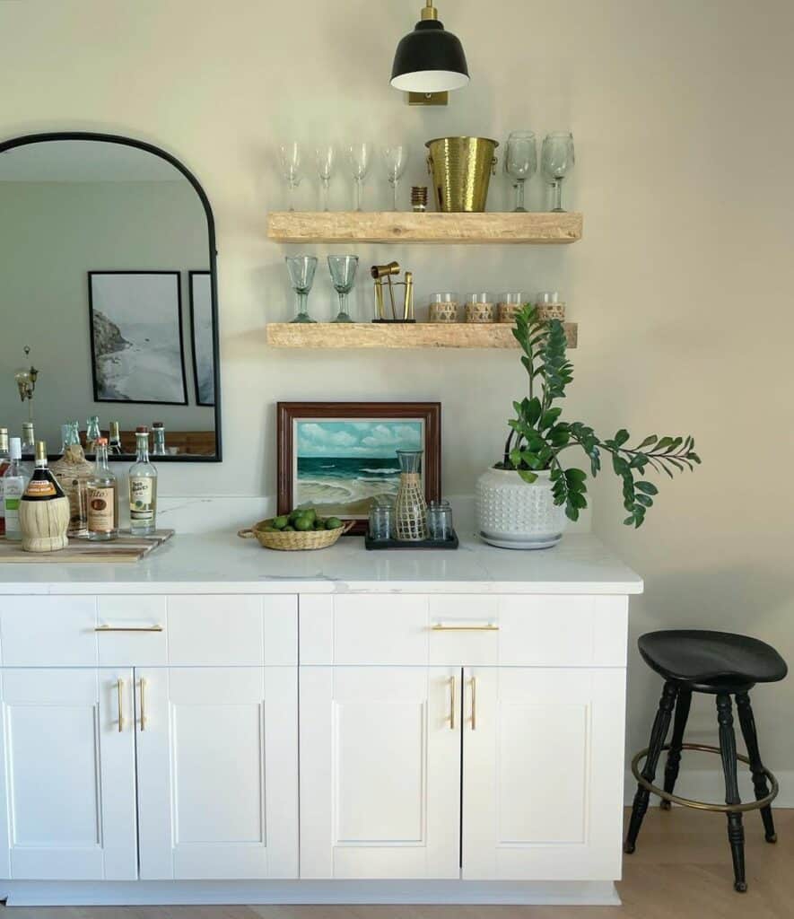 Minimalist Countertop Bar Area with Floating Shelves Soul & Lane