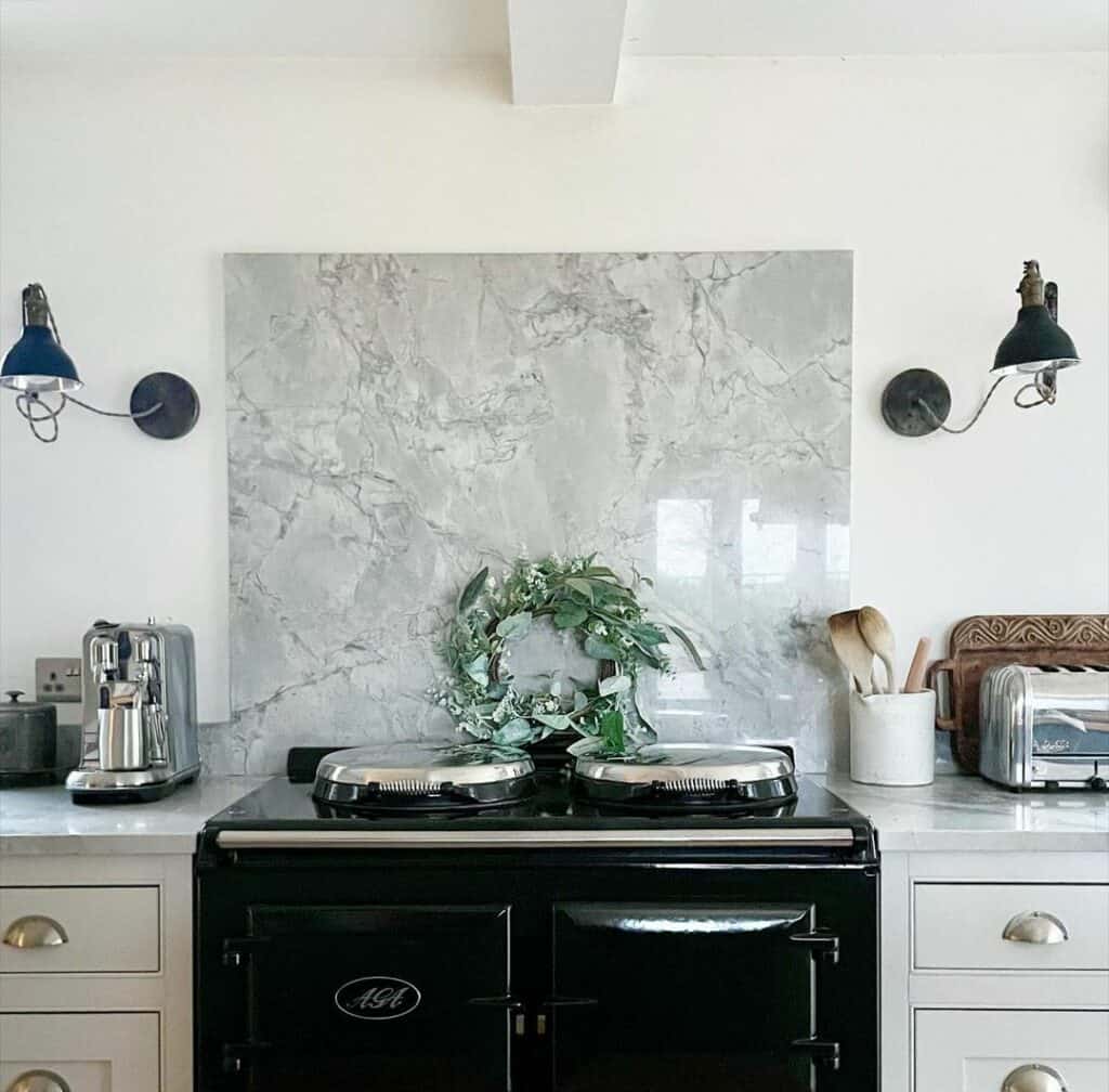 Minimalist Kitchen With Marble Slab Backsplash