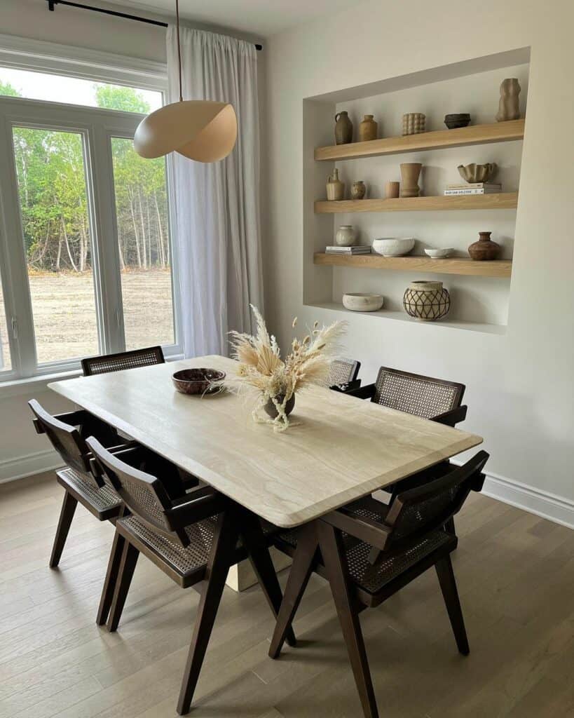 Minimalistic Dining Room with Built-In Shelves