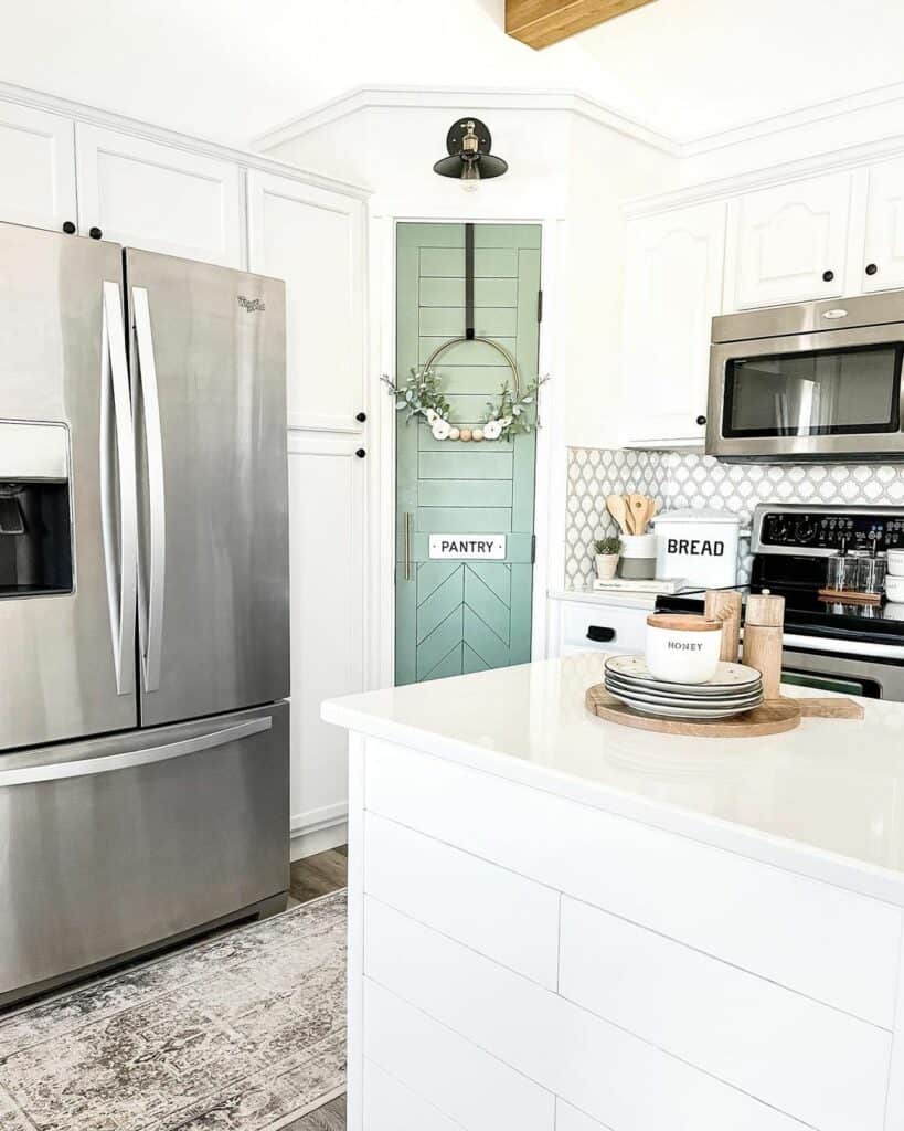 Mint Green Door in White Kitchen