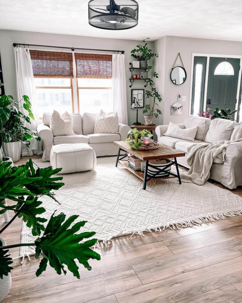 Modern Beige Living Room With Greenery - Soul & Lane