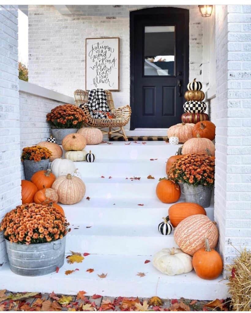 Modern Concrete Front Steps With Pumpkins