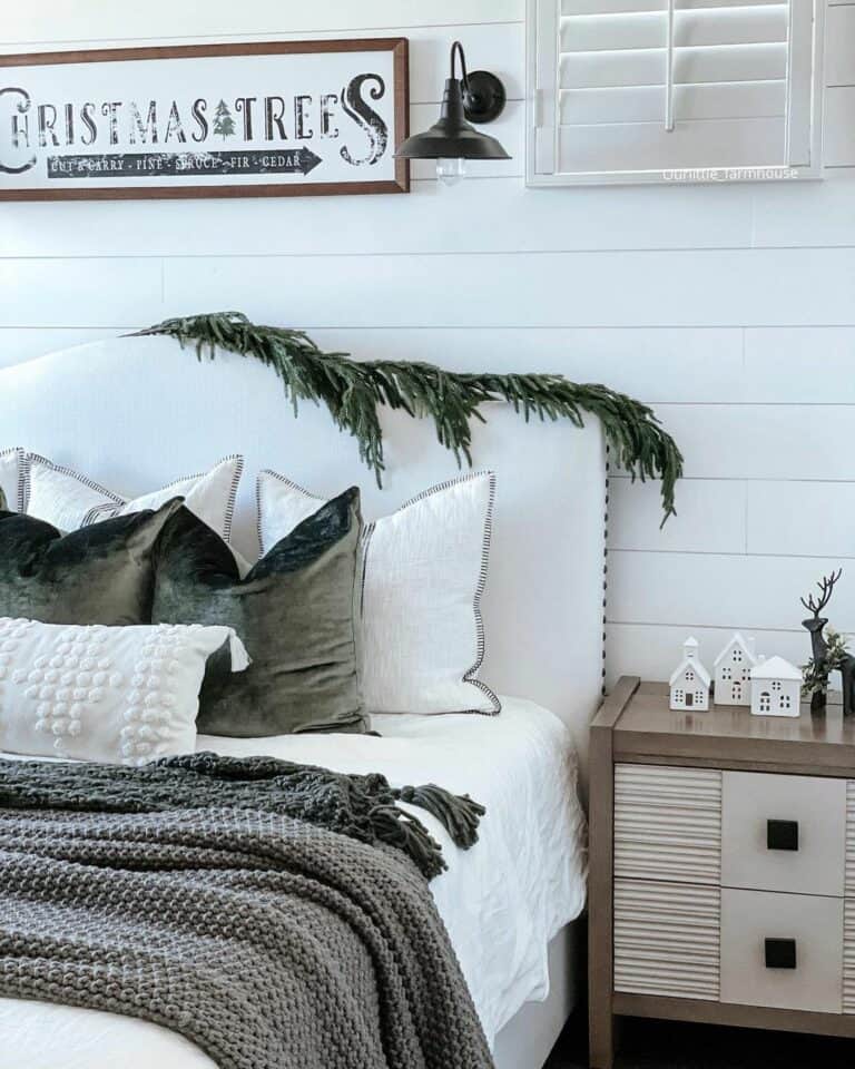 Modern Farmhouse Bedroom With White Shiplap Walls and Festive Décor