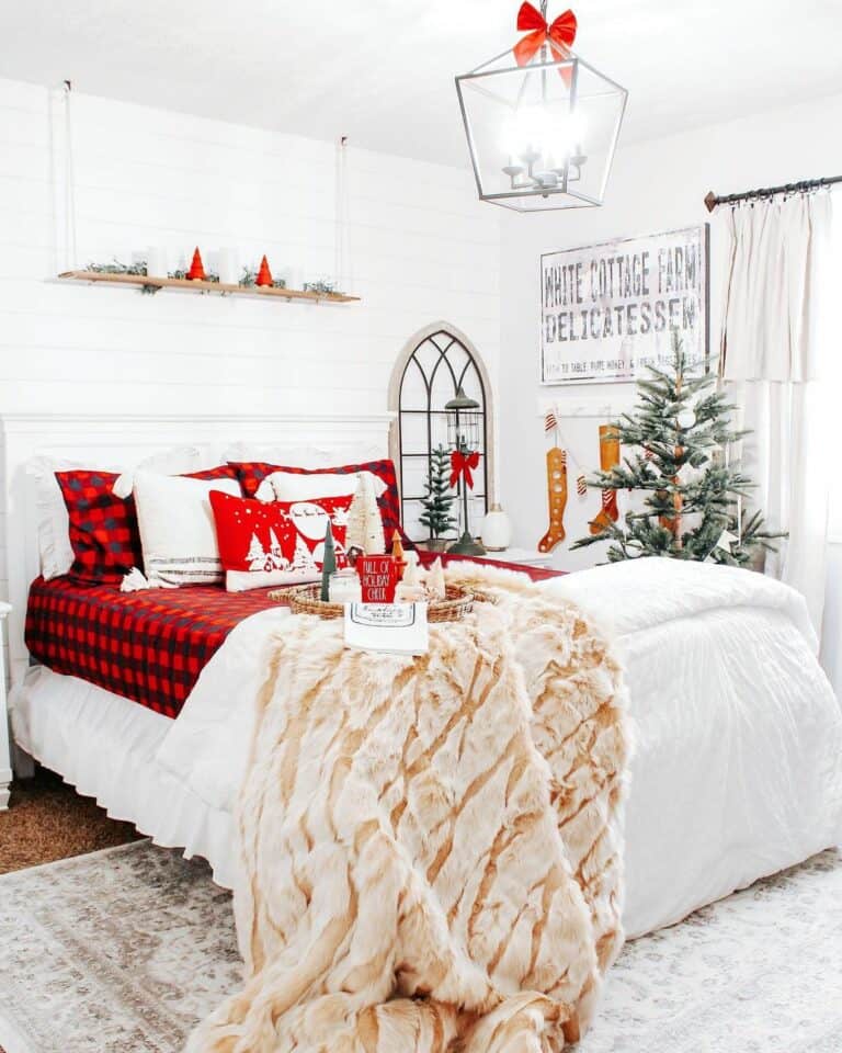 Modern Farmhouse Bedroom with Plaid Christmas Decorations