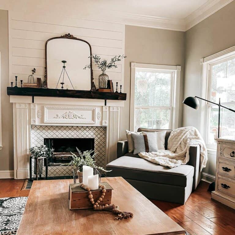 Modern Living Room With Shiplap Paneling Above Fireplace