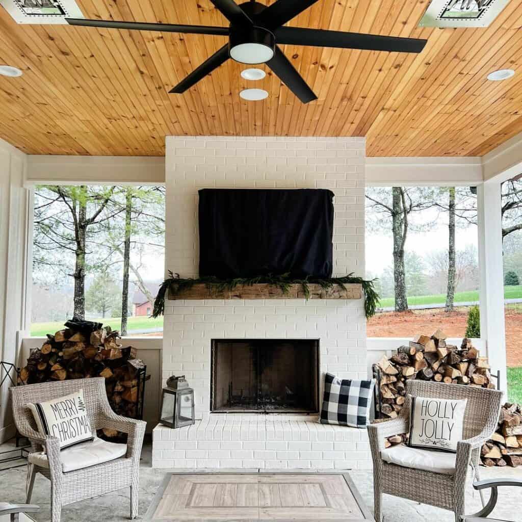 Modern White Brick Fireplace With TV on Patio