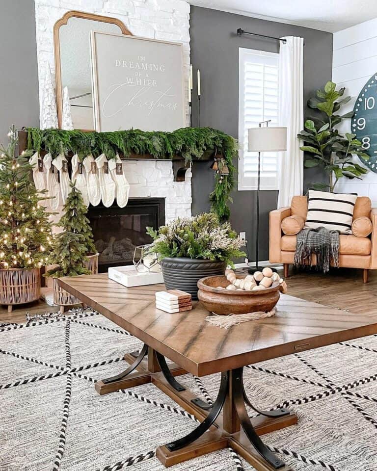 Modern White Stone Mantel with Christmas Garland