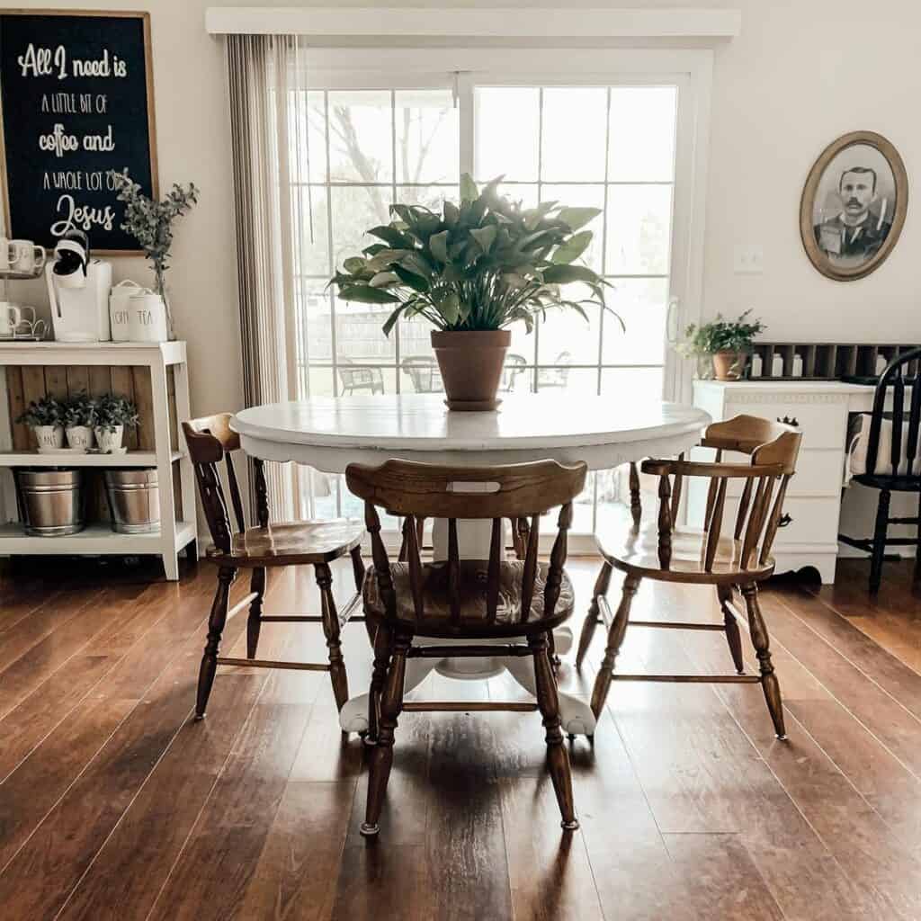 Modern White Window Trim in Rustic Dining Area