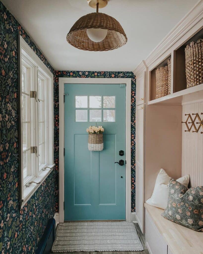 Mudroom With Dark Floral Print Wallpaper