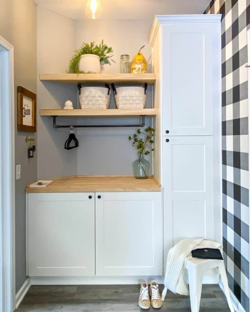 Mudroom with Accent Wall and Floating Shelves