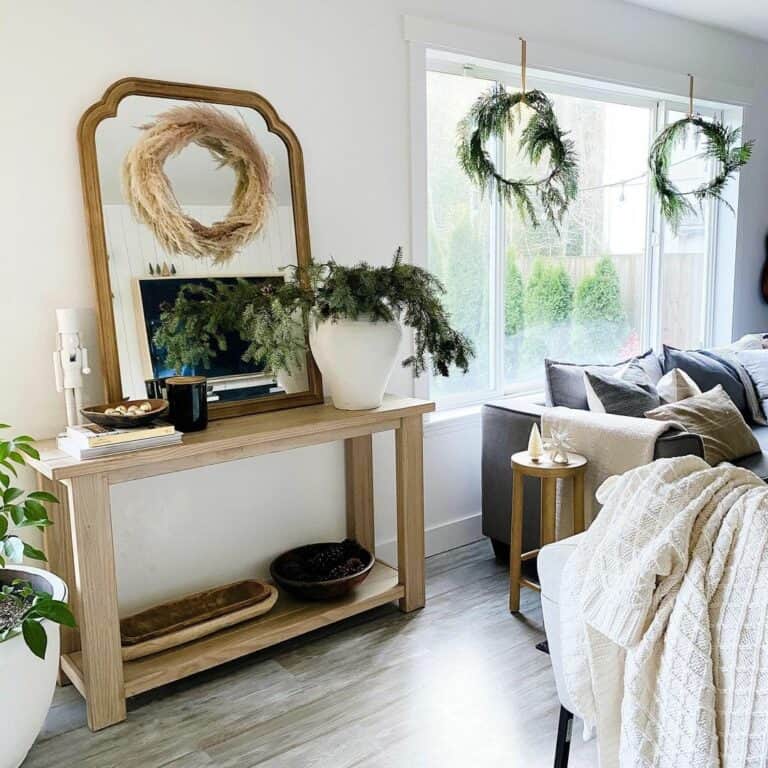 Multiple Wreaths in Neutral Living Room
