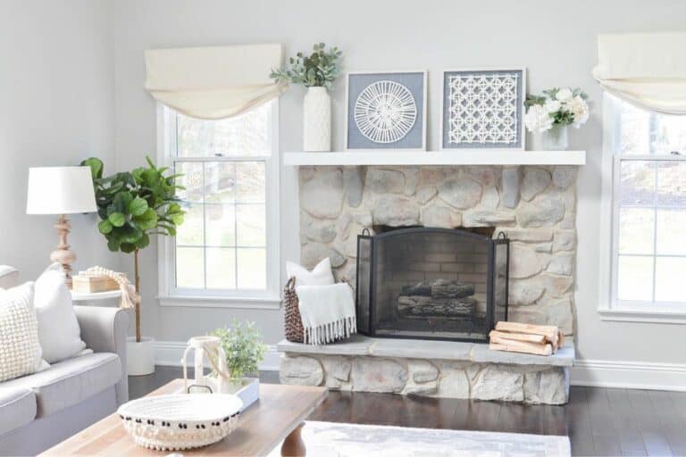 Muted Gray and White Living Room With Window Valances