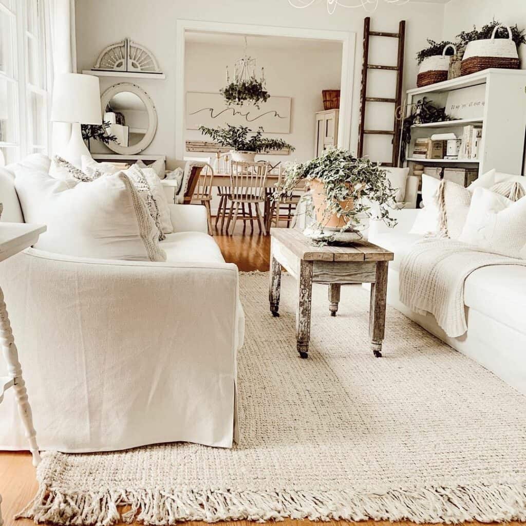 Narrow Farmhouse Living Room With Cream Furniture