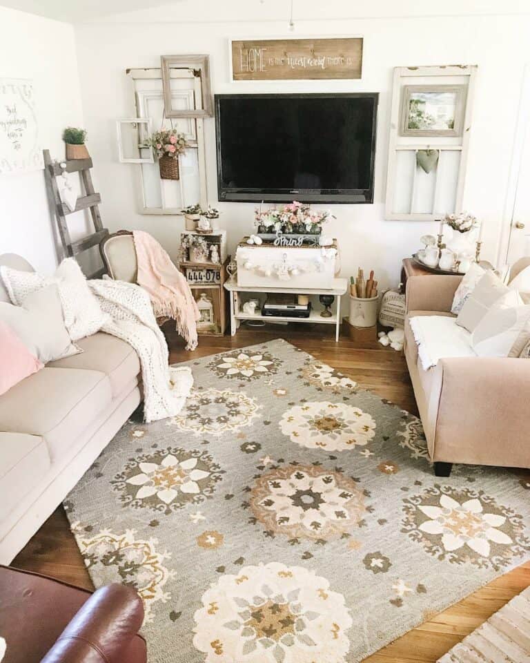 Narrow Living Room With TV and Spring Décor