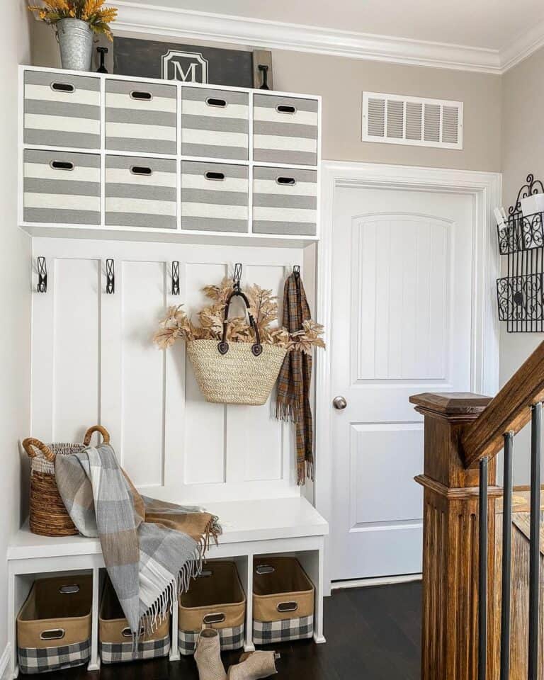Narrow Mudroom Ideas With Basket Storage