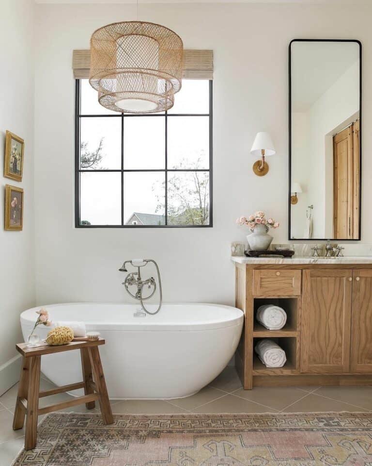 Natural Accents in Wood and White Bathroom