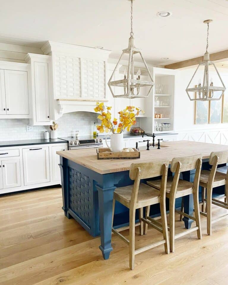 Natural Wood Stools Under Farmhouse Pendant Lighting