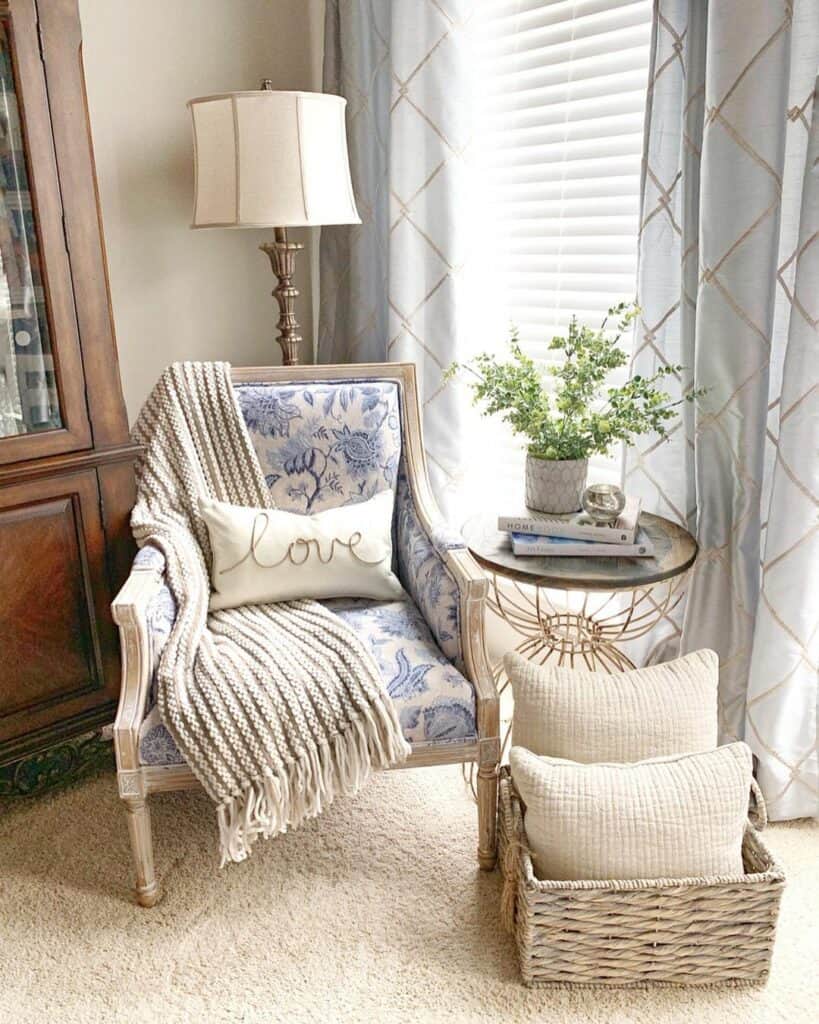 Neutral Accessories and Blue Floral Upholstery