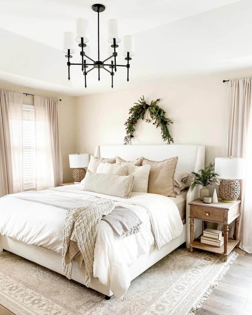 Neutral Bedroom Embellished with Christmas Garland