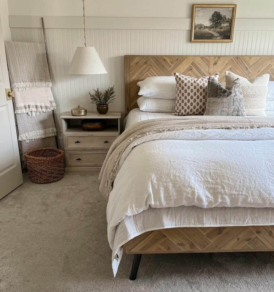 Neutral Bedroom with Ladder Blanket Storage