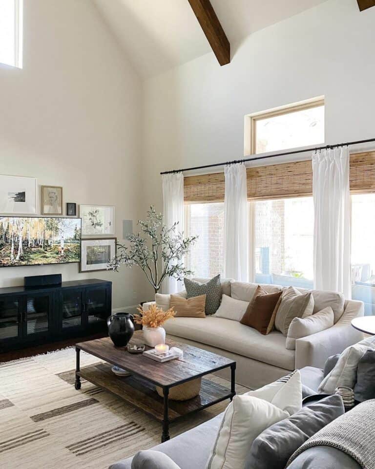 Neutral Beige Living Room with Vaulted Ceiling