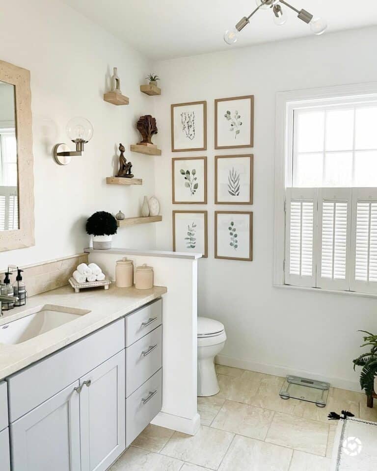 Neutral Colored Bathroom with Wooden Wall Art - Soul & Lane