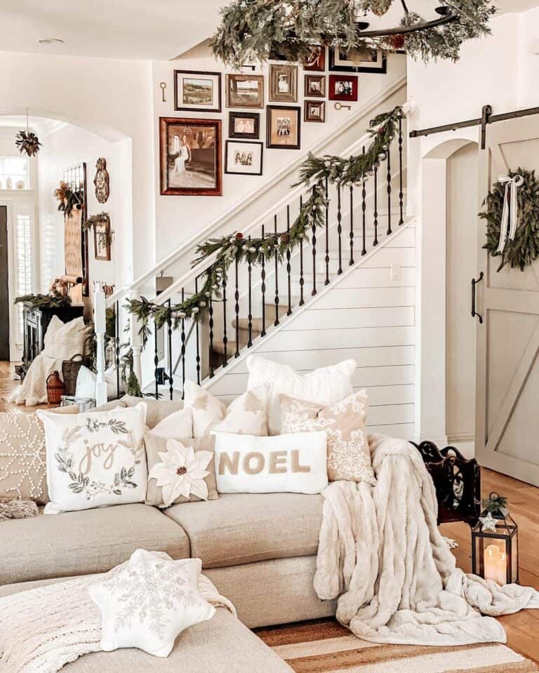 Neutral Farmhouse Living Room with Sliding Barn Door