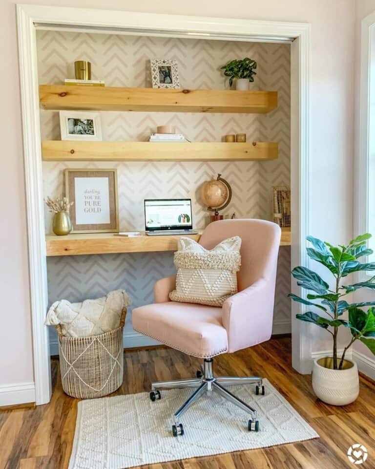 Neutral Herringbone Accent Wallpaper With Floating Shelves