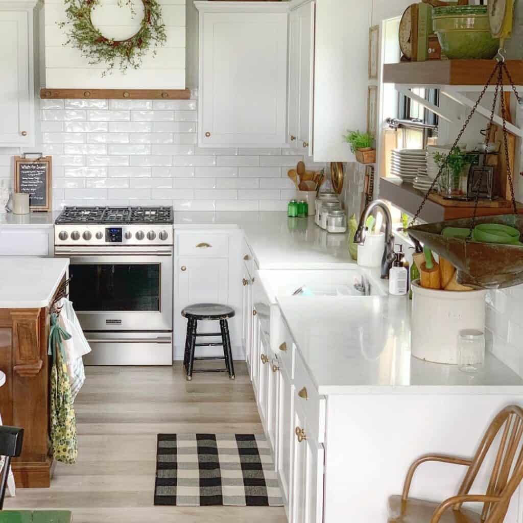 Neutral Kitchen With a Black and White Buffalo Plaid Kitchen Rug