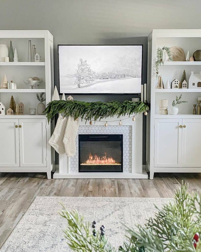 Neutral Living Room With Cozy Fireplace and Mounted TV