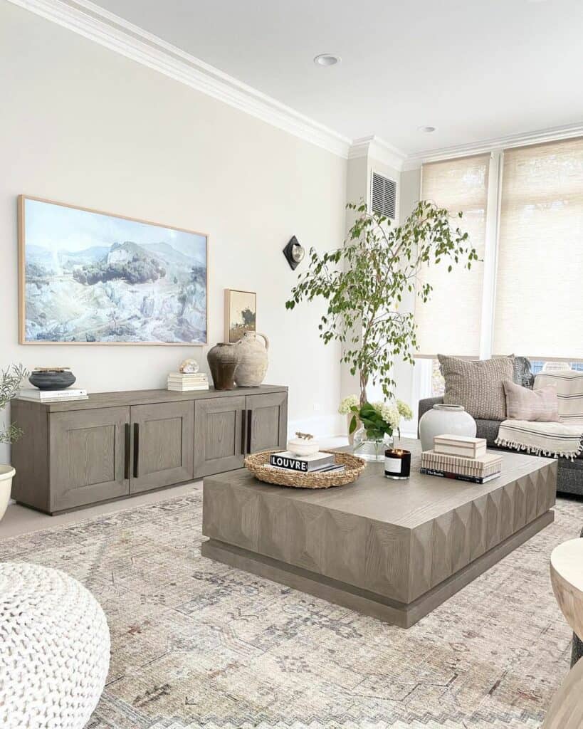 Neutral Living Room with Olive Tree and Artwork