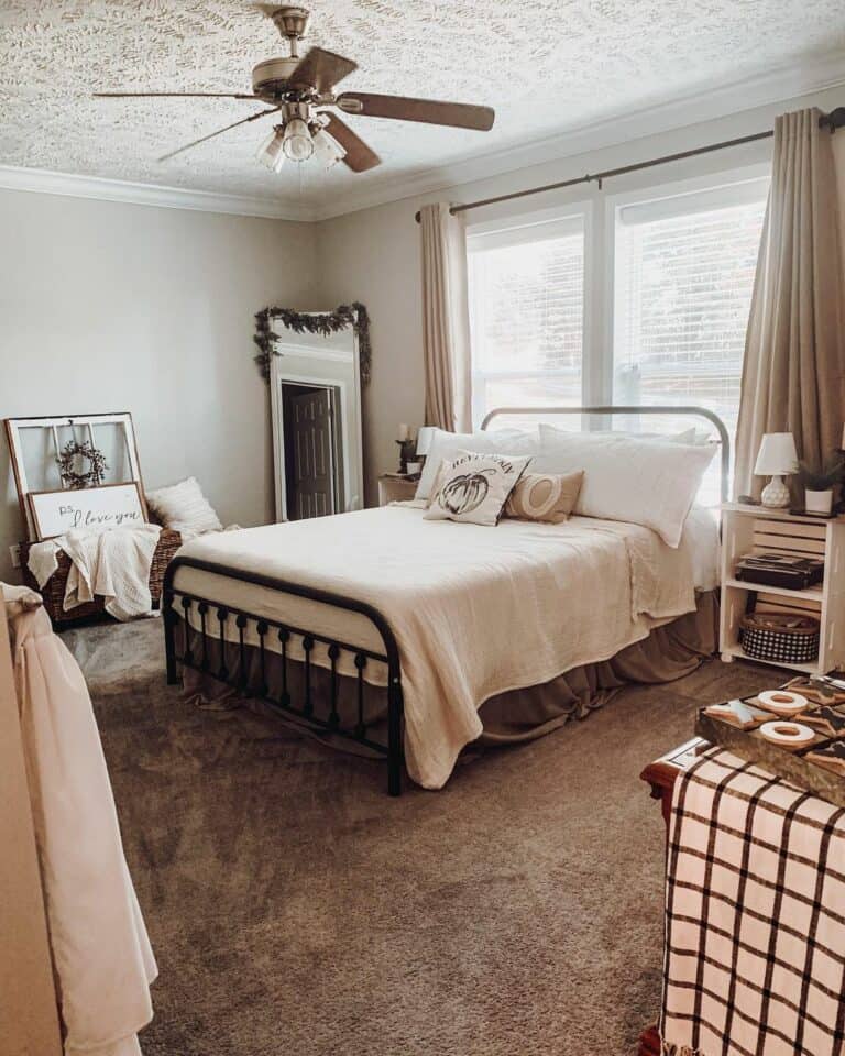 Neutral Master Bedroom Bed in Front of Windows Ideas