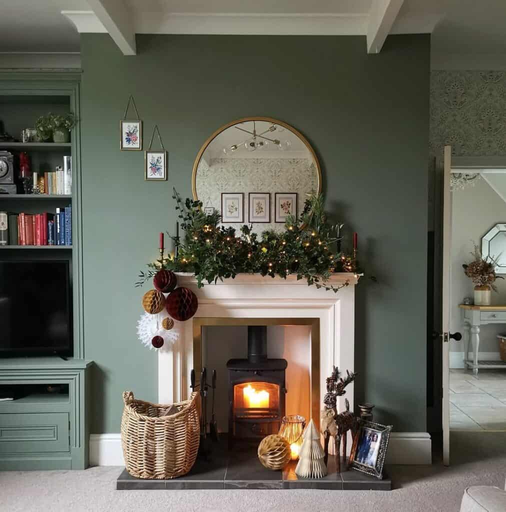 Neutral Ornaments and Black Freestanding Fireplace