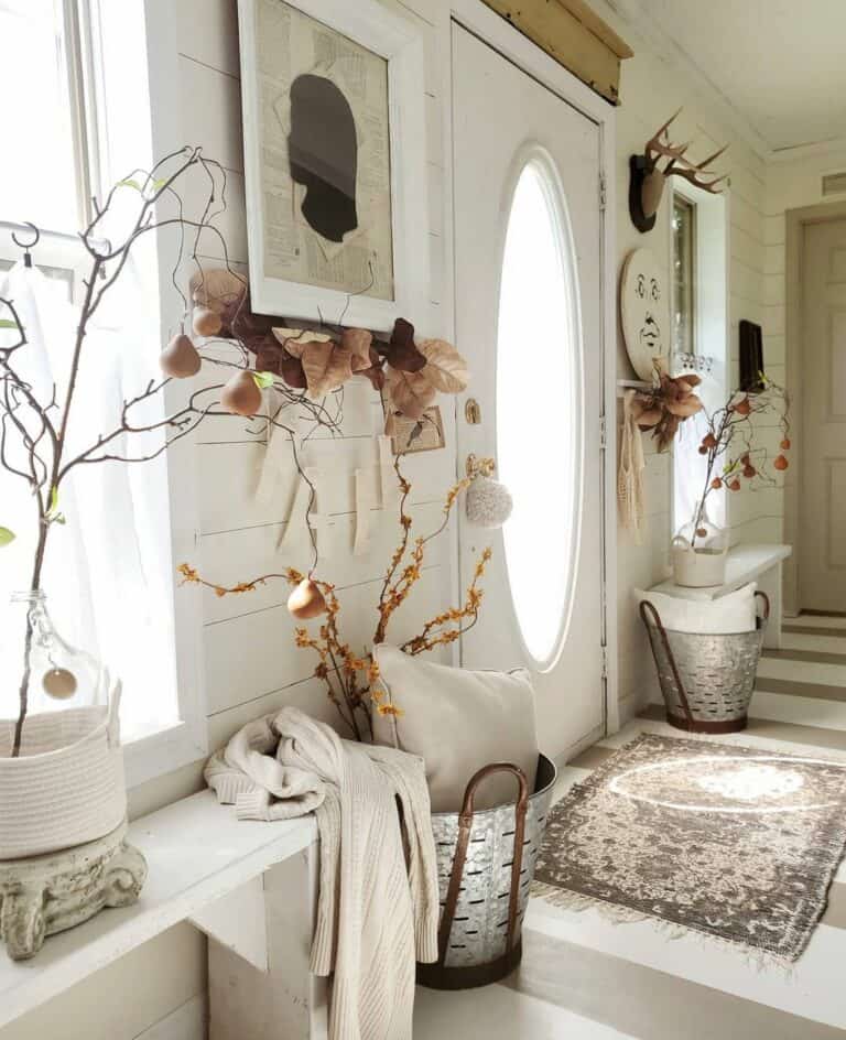 Neutral Shiplap Entryway with Rustic Floral Décor